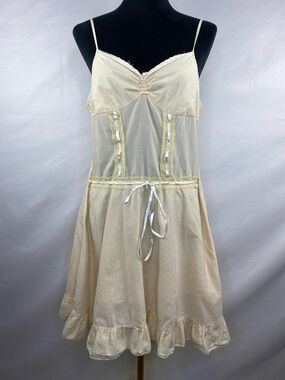 Vintage Y2K Ceres Yellow Babydoll Lace Mini Dress Size Large 100% Cotton Unlined
